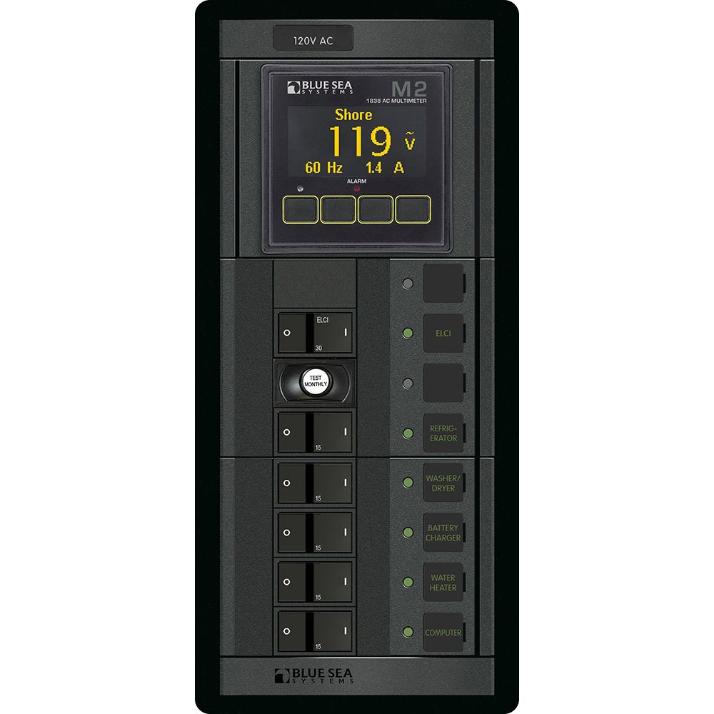 Blue Sea Systems 360 AC Circuit Breaker Panel, 30A ELCI, 5 Branch Positions, 120V AC, M2 AC Multimeter, Flat Rocker — Quality Boat Parts