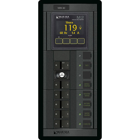Blue Sea Systems 360 AC Circuit Breaker Panel, 30A ELCI, 5 Branch Positions, 120V AC, M2 AC Multimeter, Flat Rocker — Quality Boat Parts