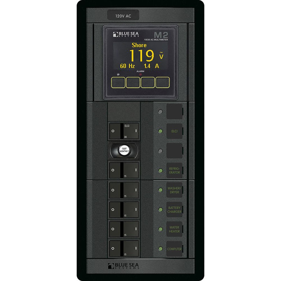 Blue Sea Systems 360 AC Circuit Breaker Panel, 30A ELCI, 5 Branch Positions, 120V AC, M2 AC Multimeter, Flat Rocker — Quality Boat Parts