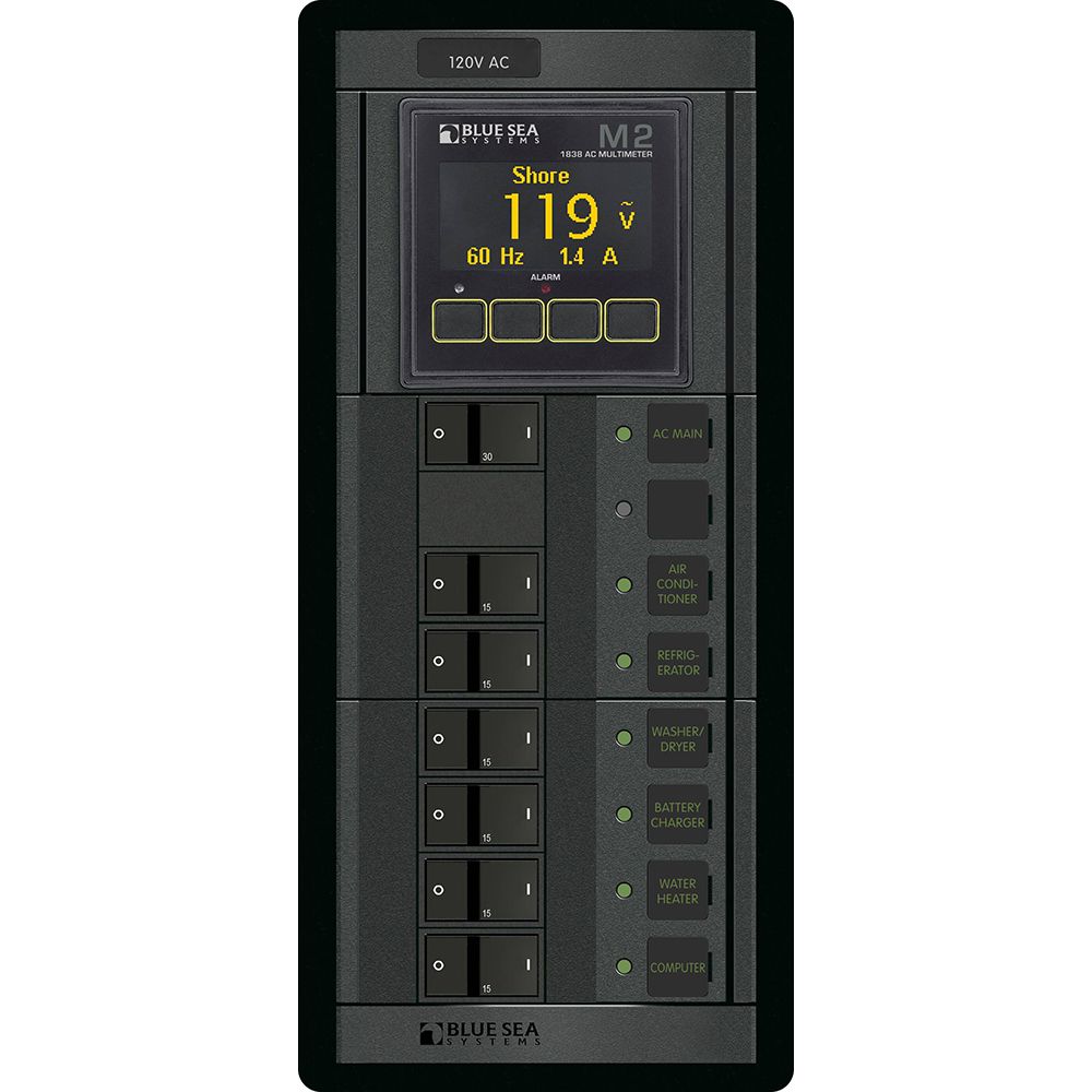 Blue Sea Systems 360 Panel AC Circuit Breaker Panel, 120V AC, 30A Main + 6 Positions, Flat Rocker, M2 AC Multimeter — Quality Boat Parts