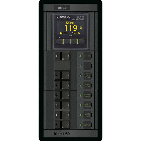 Blue Sea Systems 360 Panel AC Circuit Breaker Panel, 120V AC, 30A Main + 6 Positions, Flat Rocker, M2 AC Multimeter — Quality Boat Parts