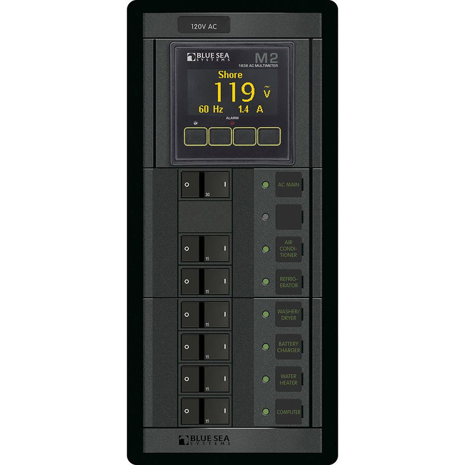 Blue Sea Systems 360 Panel AC Circuit Breaker Panel, 120V AC, 30A Main + 6 Positions, Flat Rocker, M2 AC Multimeter — Quality Boat Parts