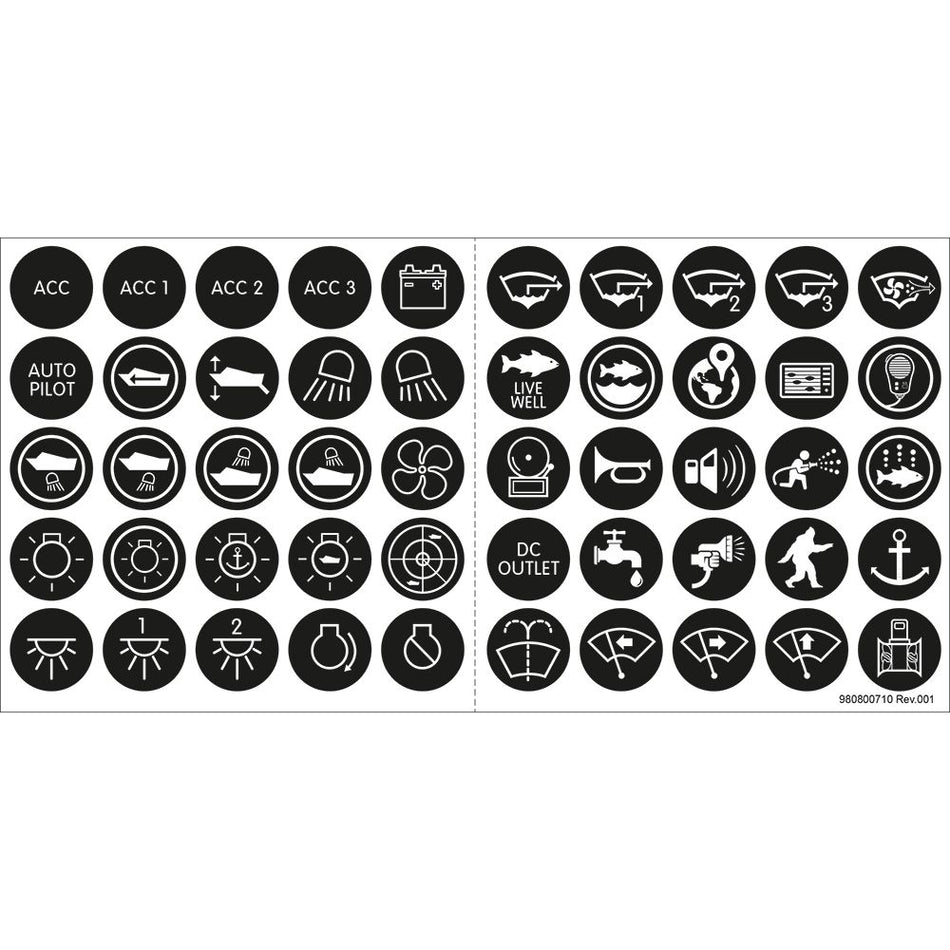 Blue Sea Systems Push Button Switch Label Kit, For 4180 & 4181, 50 ICON Labels — Quality Boat Parts