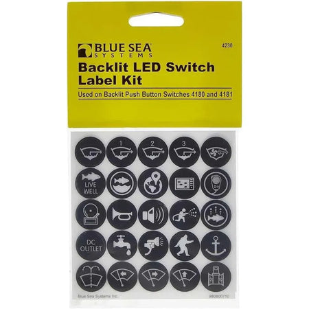 Blue Sea Systems Push Button Switch Label Kit, For 4180 & 4181, 50 ICON Labels — Quality Boat Parts