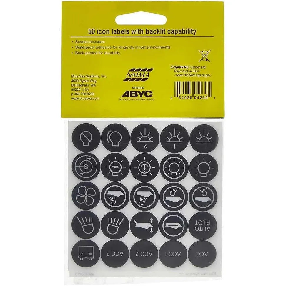 Blue Sea Systems Push Button Switch Label Kit, For 4180 & 4181, 50 ICON Labels — Quality Boat Parts