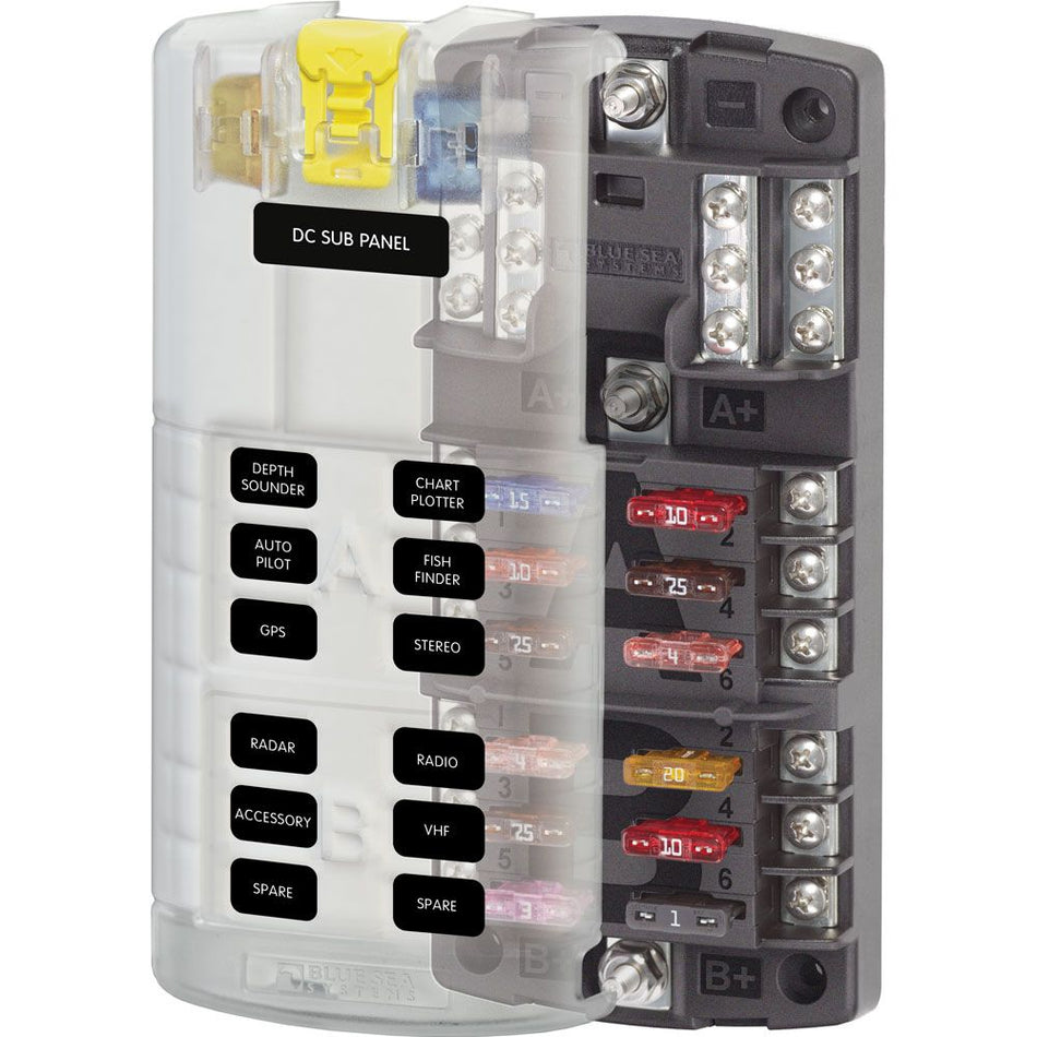 Blue Sea Systems ST Blade Split Bus Fuse Block, 12 Circuits, With Ground, ATO/ATC, 32V DC, 30A per Circuit, 100A Total — Quality Boat Parts