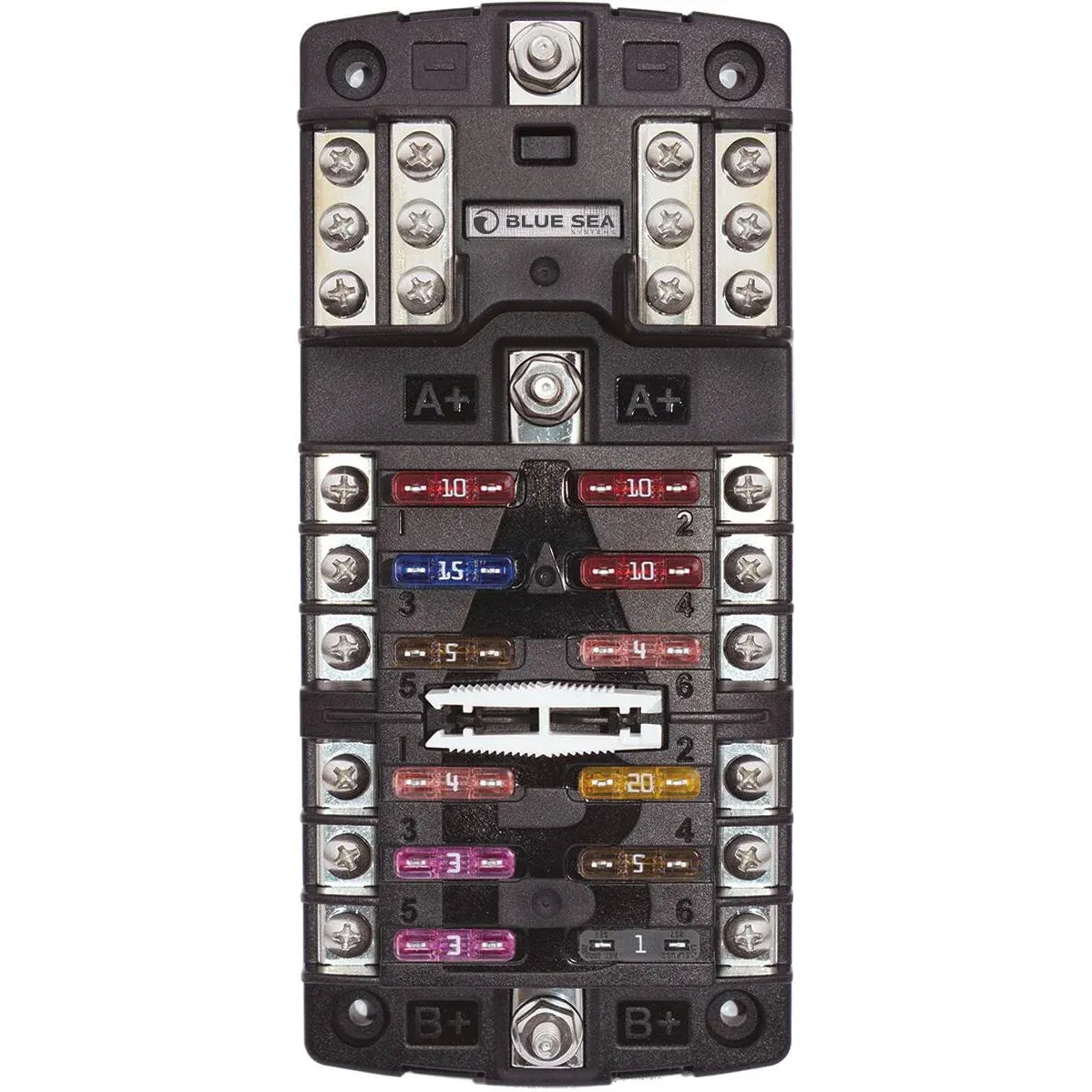 Blue Sea Systems ST Blade Split Bus Fuse Block, 12 Circuits, With Ground, ATO/ATC, 32V DC, 30A per Circuit, 100A Total — Quality Boat Parts