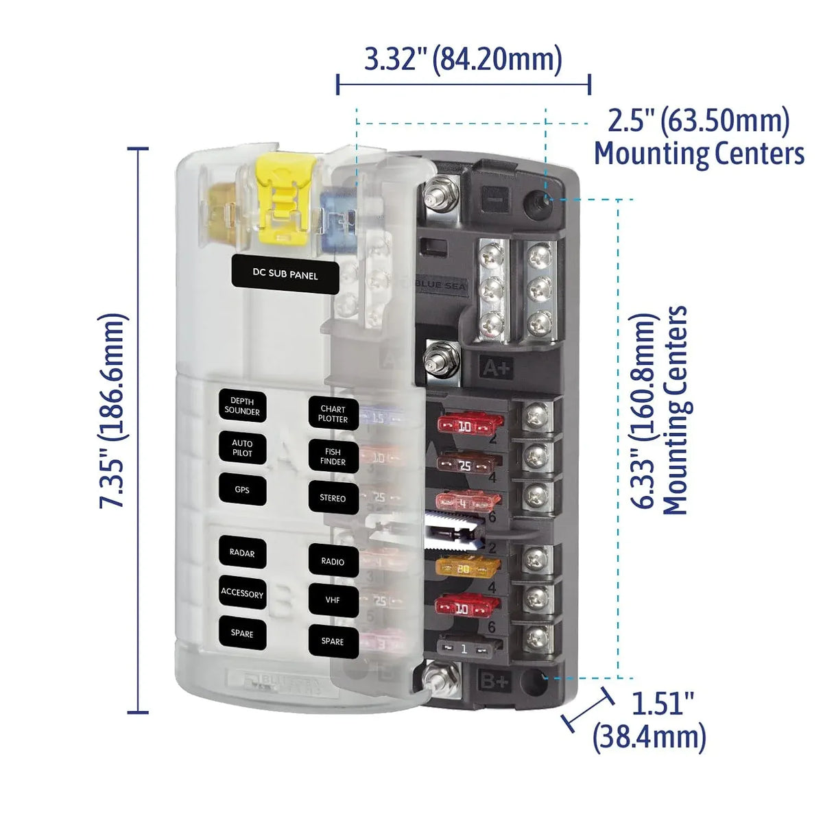 Blue Sea Systems ST Blade Split Bus Fuse Block, 12 Circuits, With Ground, ATO/ATC, 32V DC, 30A per Circuit, 100A Total — Quality Boat Parts