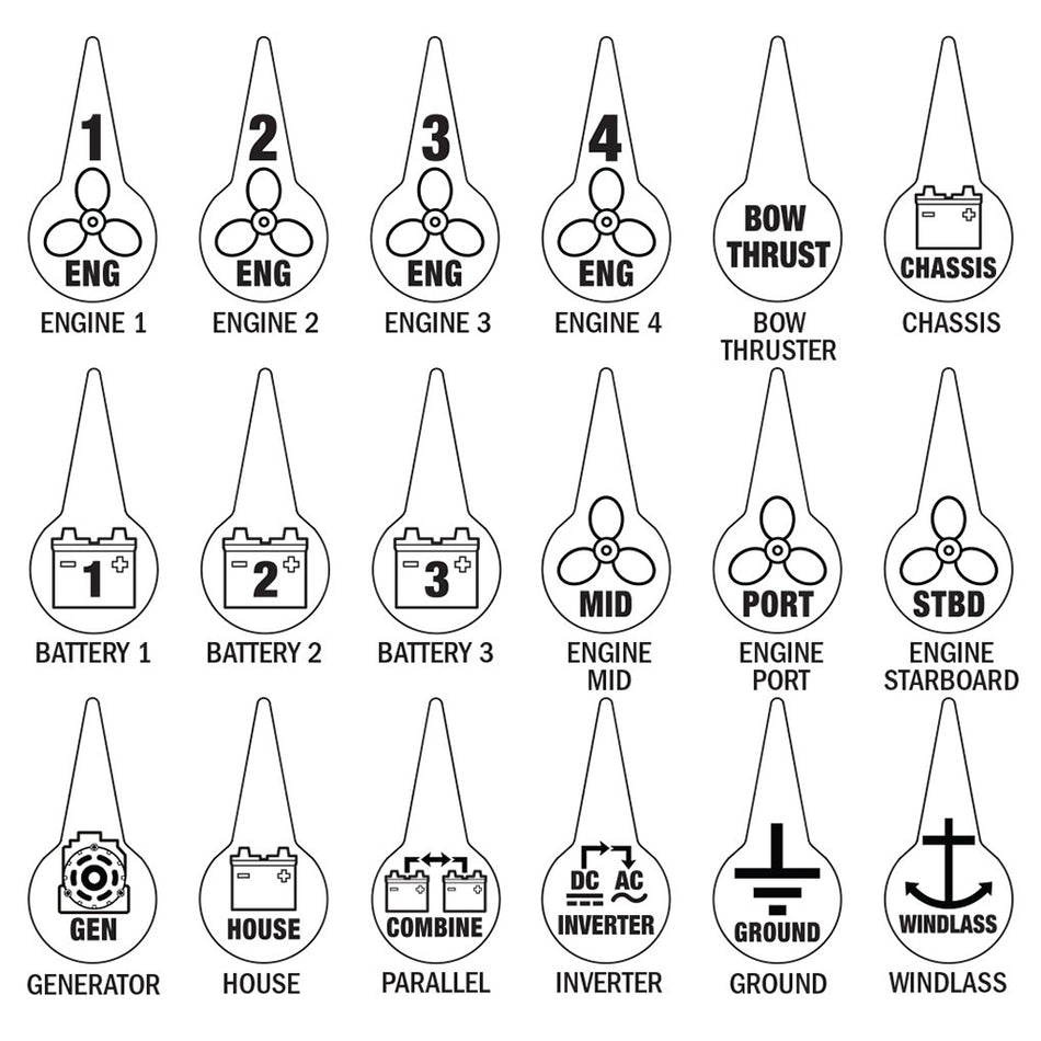Blue Sea Systems Battery Switch Icon Label Kit, 18 Icon Labels — Quality Boat Parts