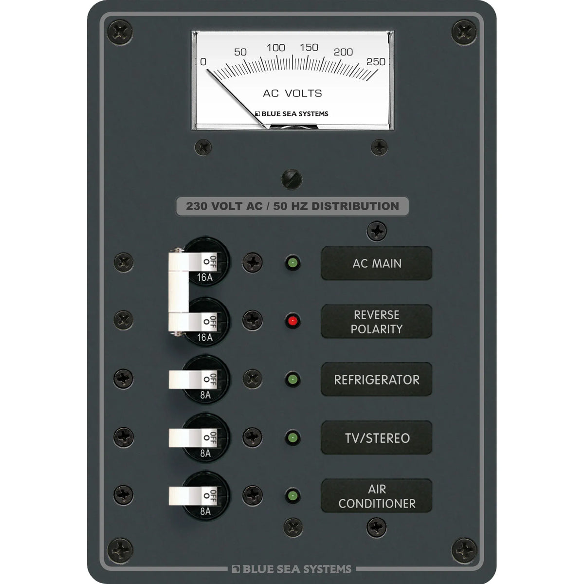 Blue Sea Systems AC Main + Branch A-Series Toggle Circuit Breaker Panel, 230V AC, 3 Position, AC Voltmeter — Quality Boat Parts