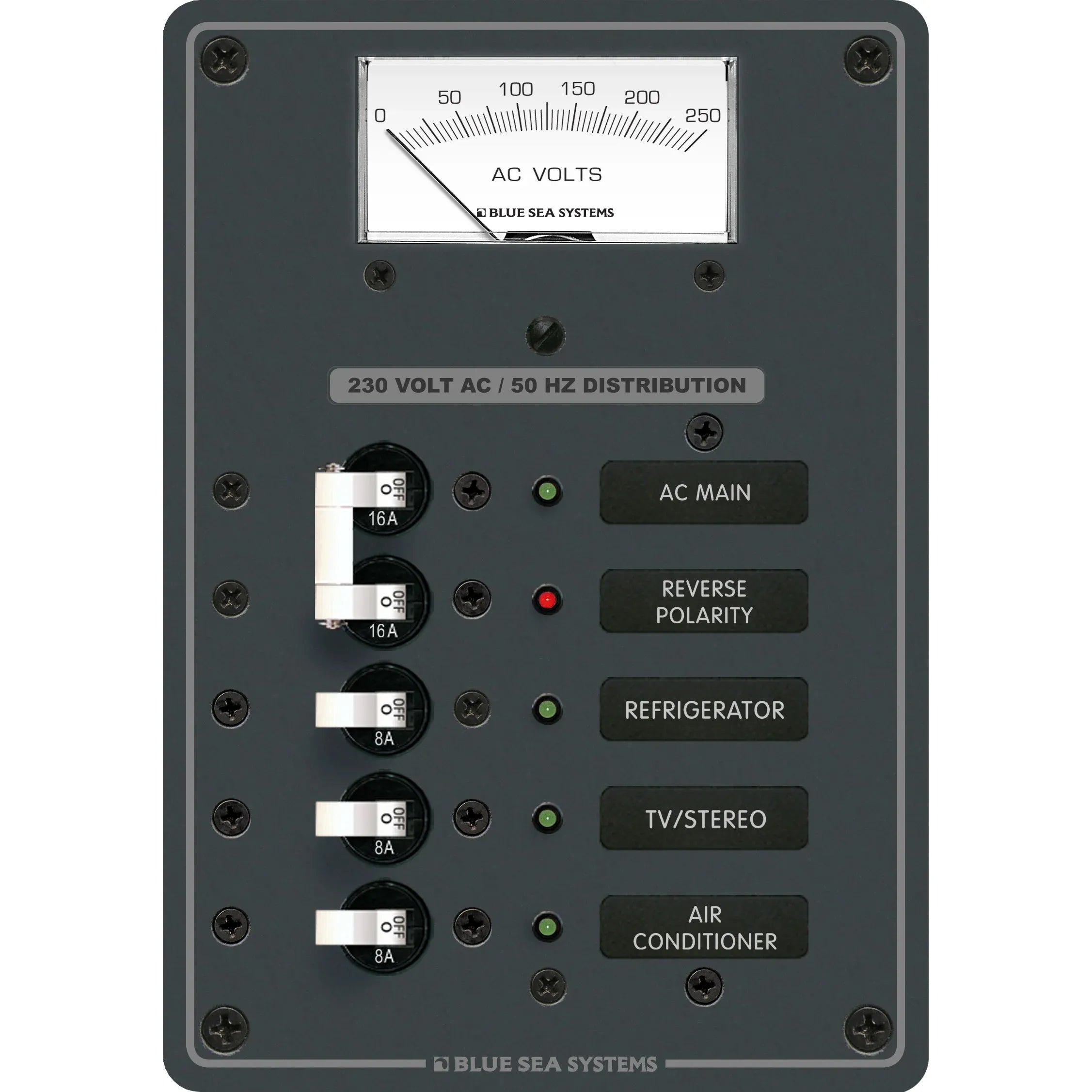 Blue Sea Systems AC Main + Branch A-Series Toggle Circuit Breaker Panel, 230V AC, 3 Position, AC Voltmeter — Quality Boat Parts