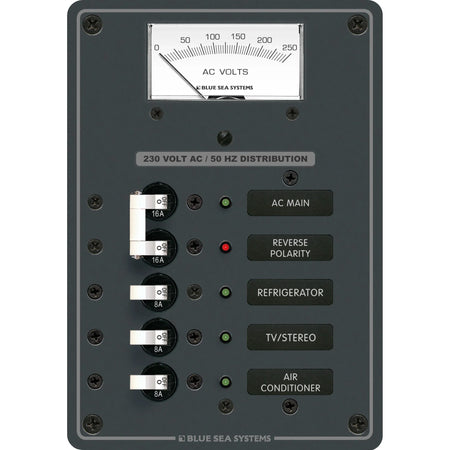 Blue Sea Systems AC Main + Branch A-Series Toggle Circuit Breaker Panel, 230V AC, 3 Position, AC Voltmeter — Quality Boat Parts