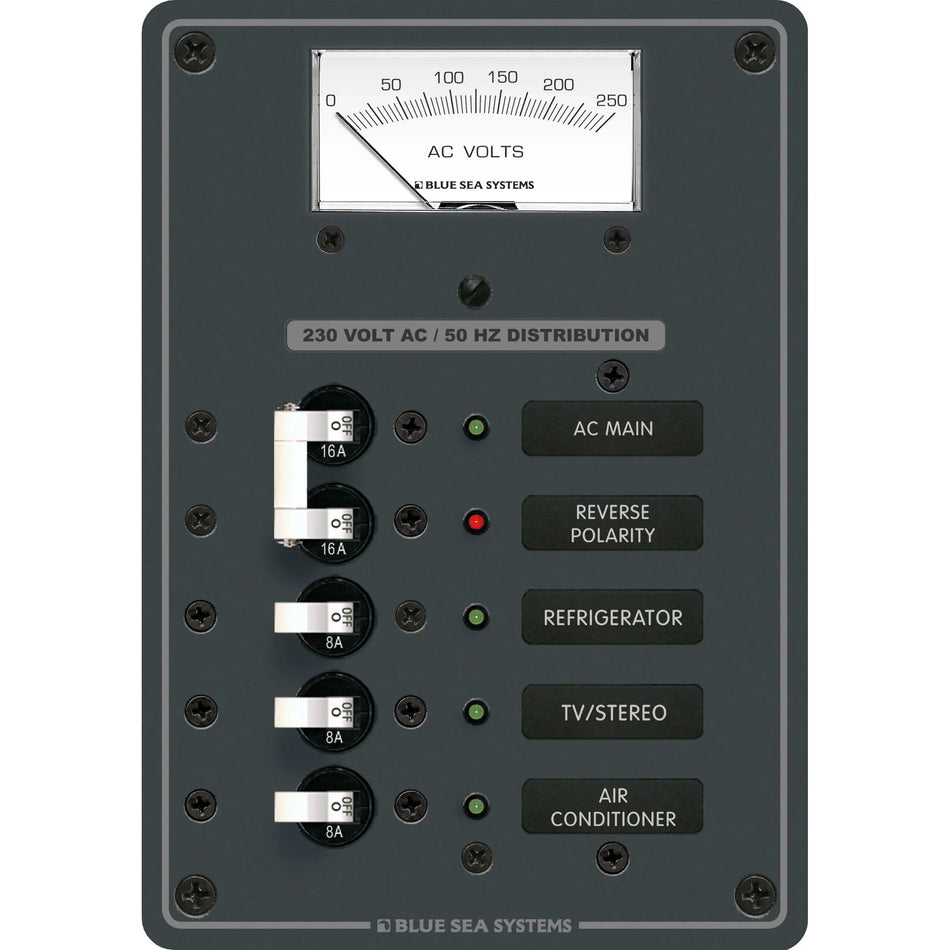 Blue Sea Systems AC Main + Branch A-Series Toggle Circuit Breaker Panel, 230V AC, 3 Position, AC Voltmeter — Quality Boat Parts