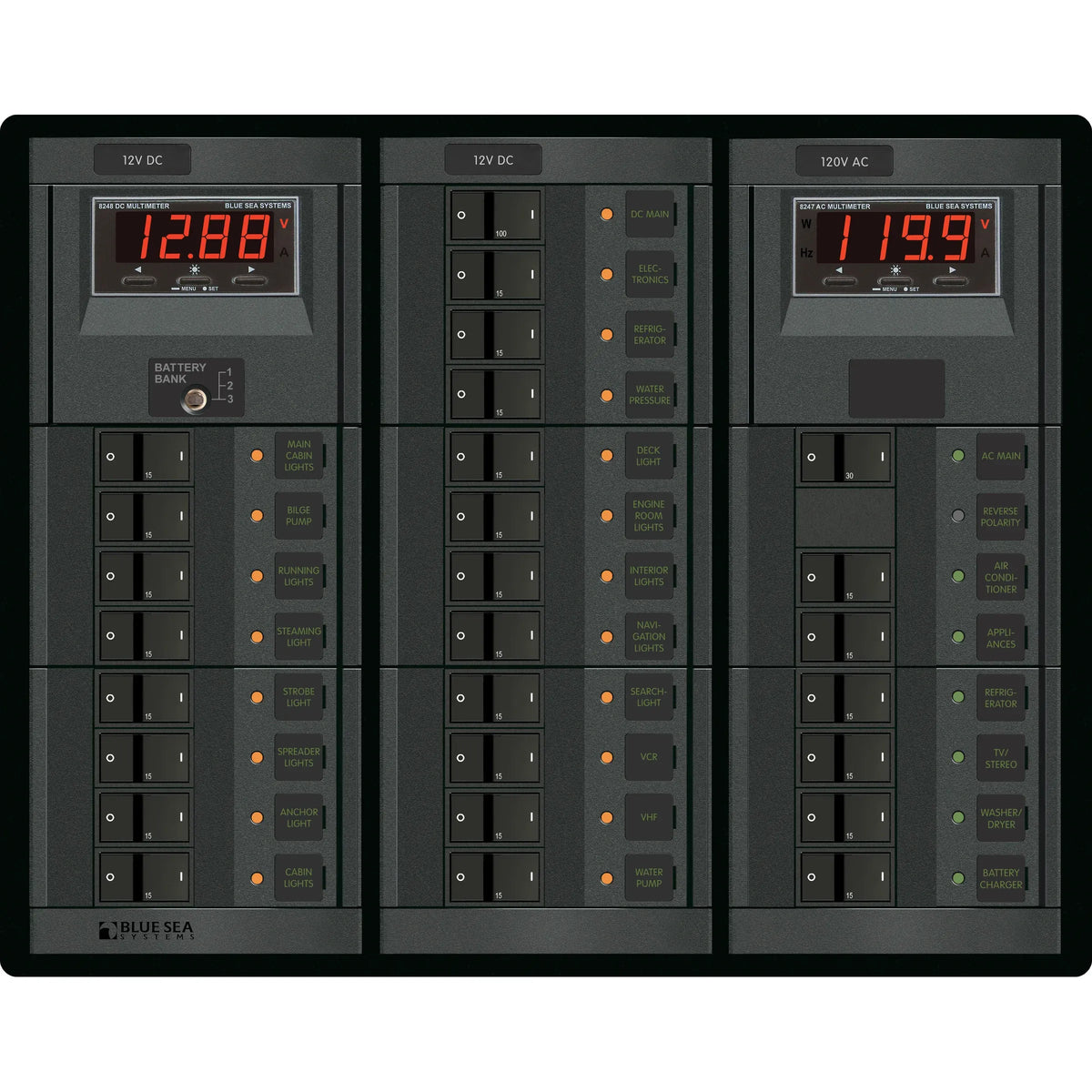 Blue Sea Systems 360 Panel Combination Circuit Breaker Panel, 120V AC/12V DC, 6 AC + 19 DC Positions, AC & DC Digital Meters — Quality Boat Parts