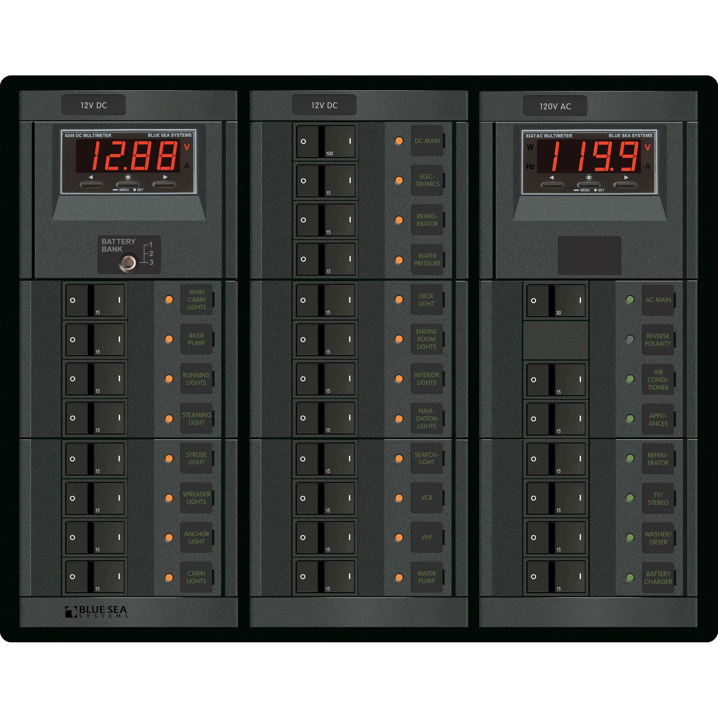 Blue Sea Systems 360 Panel Combination Circuit Breaker Panel, 120V AC/12V DC, 6 AC + 19 DC Positions, AC & DC Digital Meters — Quality Boat Parts