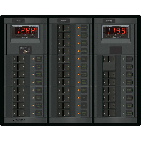 Blue Sea Systems 360 Panel Combination Circuit Breaker Panel, 120V AC/12V DC, 6 AC + 19 DC Positions, AC & DC Digital Meters — Quality Boat Parts