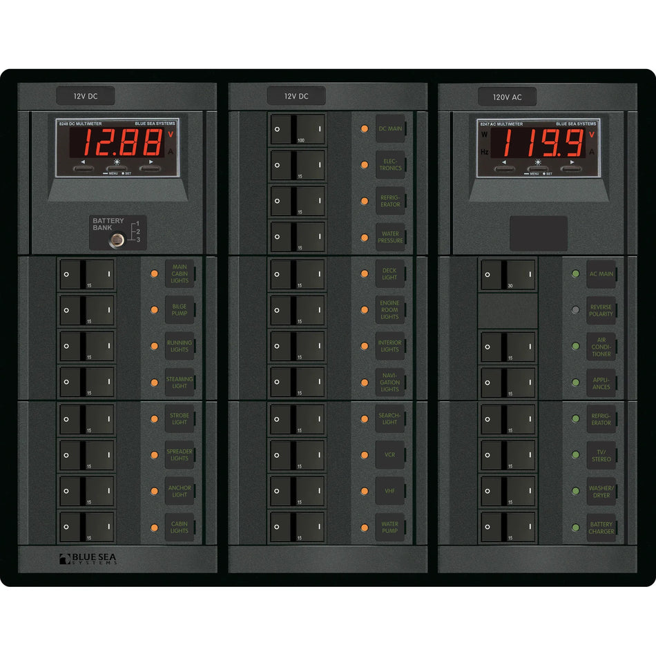 Blue Sea Systems 360 Panel Combination Circuit Breaker Panel, 120V AC/12V DC, 6 AC + 19 DC Positions, AC & DC Digital Meters — Quality Boat Parts