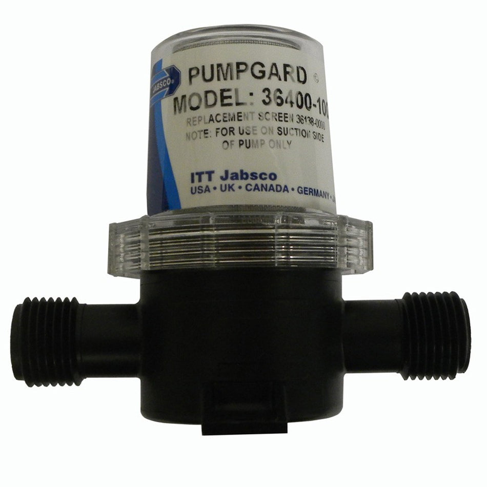 Jabsco Pumpguard In-Line Strainer, 1/2 in NPT Ports, Clear Housing, Stainless Steel Screen — Quality Boat Parts