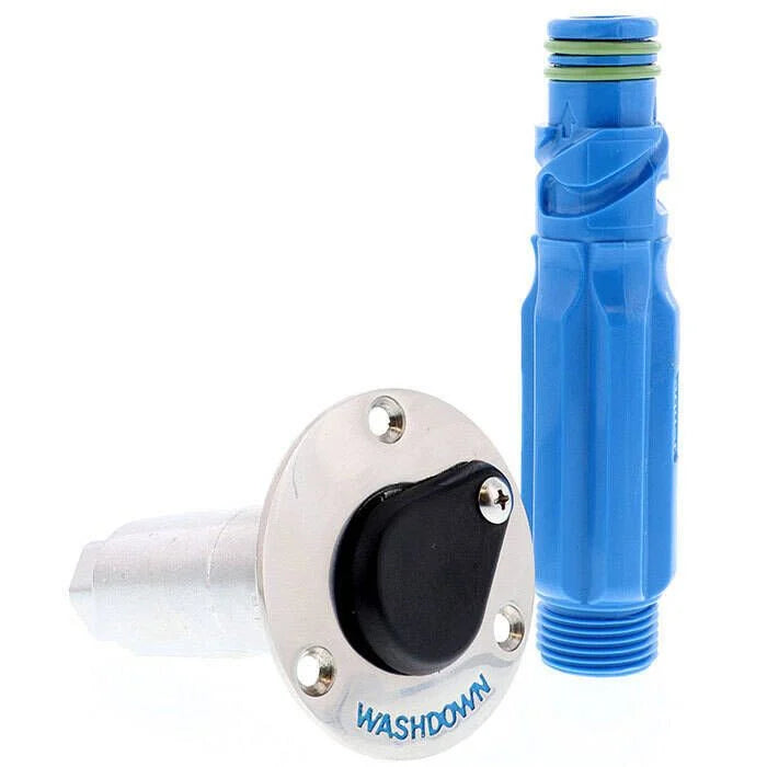 Jabsco Quick-Release Deck Washdown Fitting, Stainless Steel, Flush Mount, 1/2 in NPT Female Inlet, 3/4 in GHT Male Adapter — Quality Boat Parts