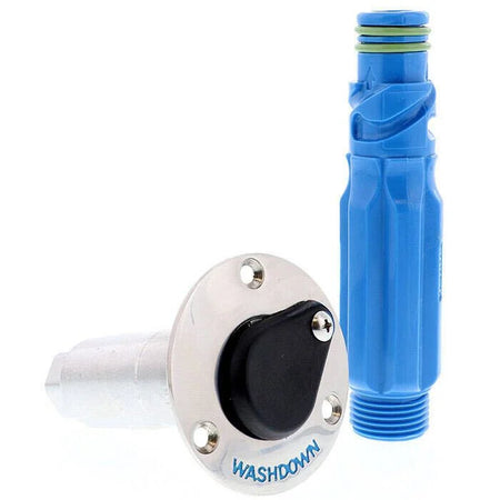 Jabsco Quick-Release Deck Washdown Fitting, Stainless Steel, Flush Mount, 1/2 in NPT Female Inlet, 3/4 in GHT Male Adapter — Quality Boat Parts