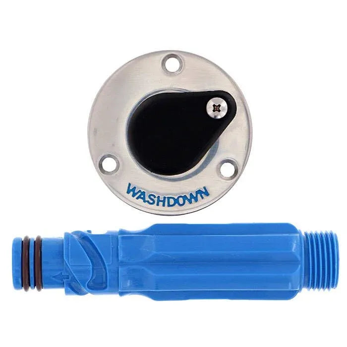 Jabsco Quick-Release Deck Washdown Fitting, Stainless Steel, Flush Mount, 1/2 in NPT Female Inlet, 3/4 in GHT Male Adapter — Quality Boat Parts
