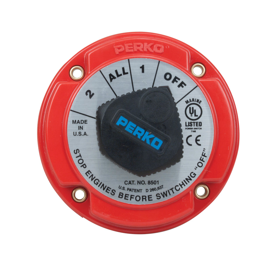 Perko 8501 Series Battery Selector Switch, Medium Duty, 250A Continuous, 6-32V, Ignition Protected — Quality Boat Parts