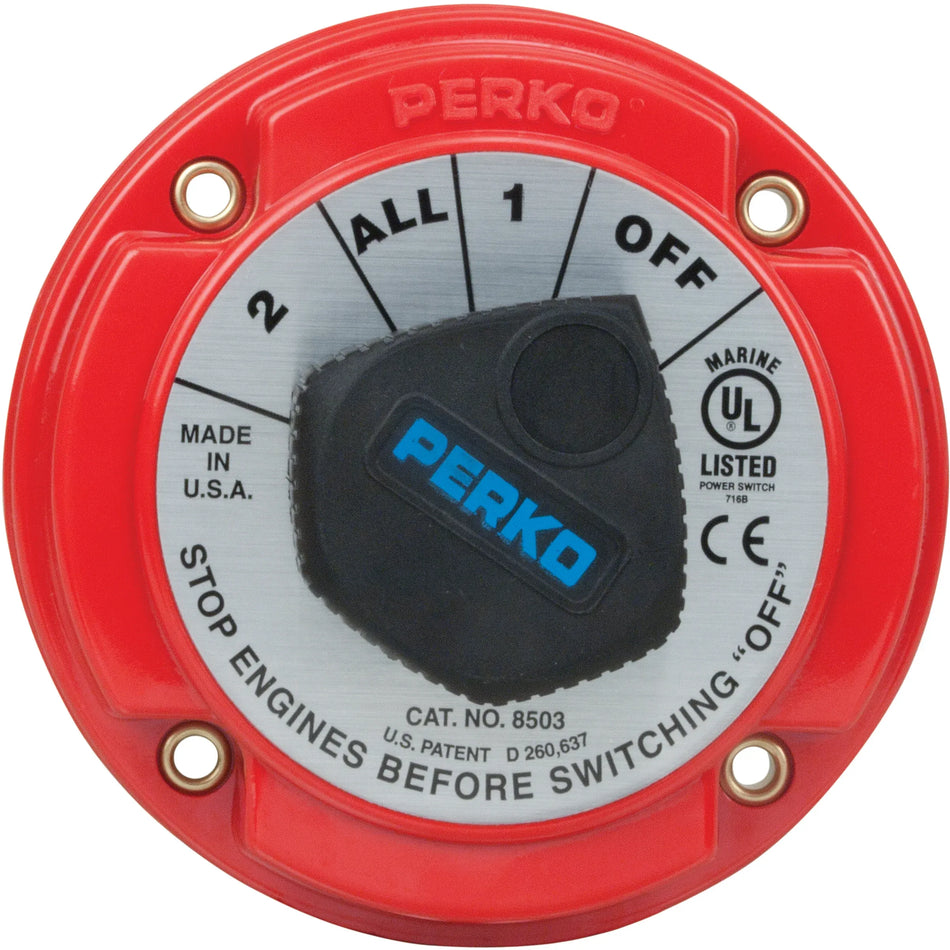 Perko Medium Duty Battery Selector Switch with Alternator Field Disconnect, No Key Lock, 6-32V, 250A Continuous, Ignition Protected — Quality Boat Parts