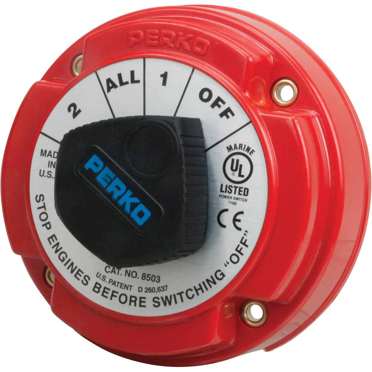 Perko Medium Duty Battery Selector Switch with Alternator Field Disconnect, No Key Lock, 6-32V, 250A Continuous, Ignition Protected — Quality Boat Parts