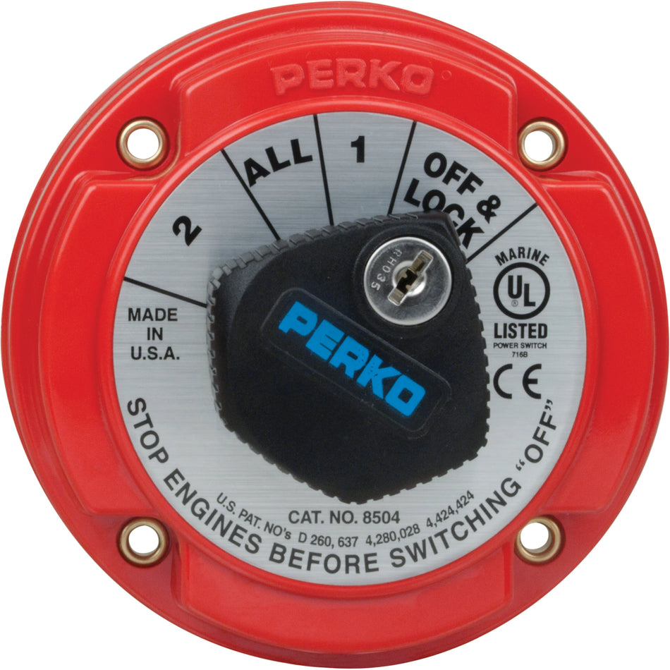 Perko Medium Duty Battery Selector Switch, 6-32V, 250A Continuous, Alternator Field Disconnect, Key Lock — Quality Boat Parts