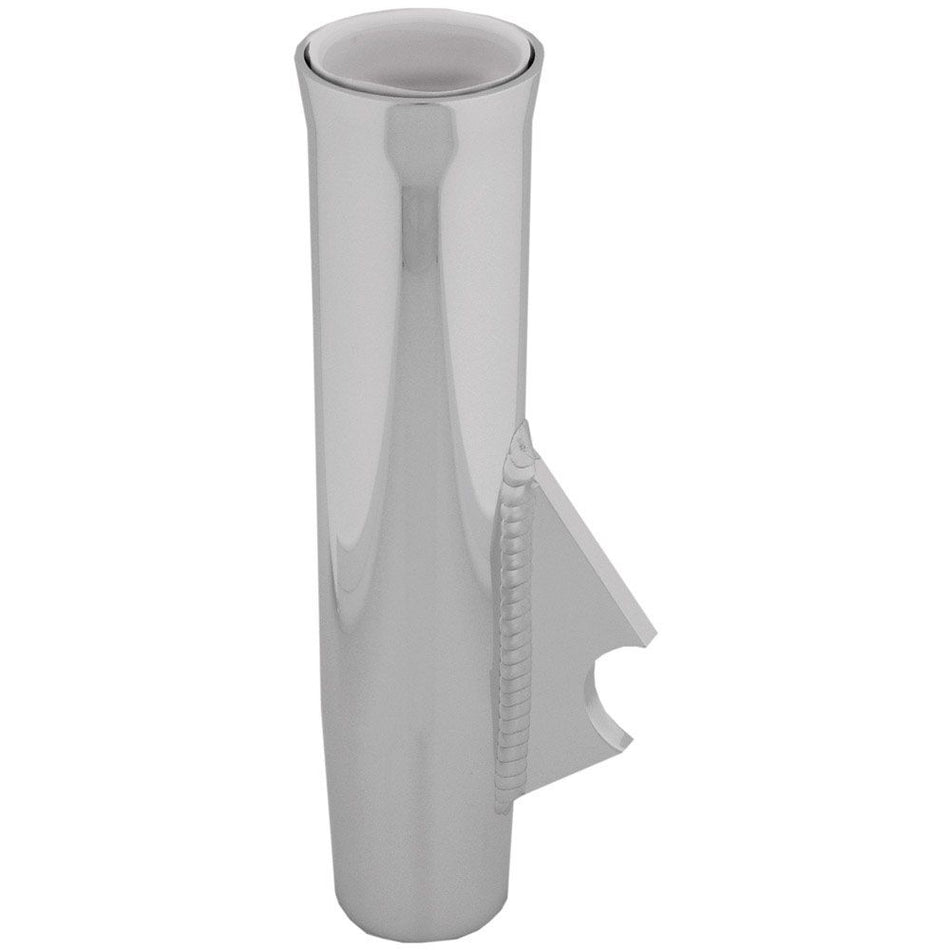 TACO Marine Flared Weld-On Rod Holder, 9-3/4 in L, 1-3/4 in ID, 3/8 in Coped Blade, Polished Finish, White PVC Liner — Quality Boat Parts