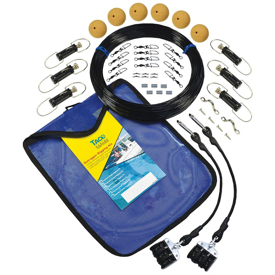 TACO Marine Premium Triple Mono Rigging Kit, For 24' Carbon Fiber Outrigger Poles, 1/8 in 180' 400# Mono, Black Line — Quality Boat Parts