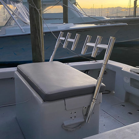 TACO Marine Deluxe Trident Rod Holder Cluster, Offset, 3 Rod, Tool Caddy, High-Polished Aluminum — Quality Boat Parts