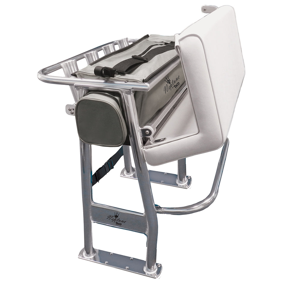 TACO Marine Neptune II Leaning Post with Tackle Storage Bag, For Boats Under 25 ft, 14 in x 35 in Footprint, 72qt Cooler Storage, 4 Rod Holders, Anodized Aluminum Frame — Quality Boat Parts