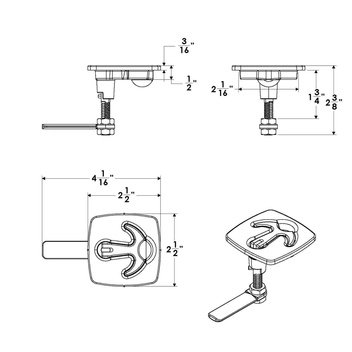 TACO Marine LATCH-tite Square Latch, 2-7/16 in, SS316, Polished — Quality Boat Parts