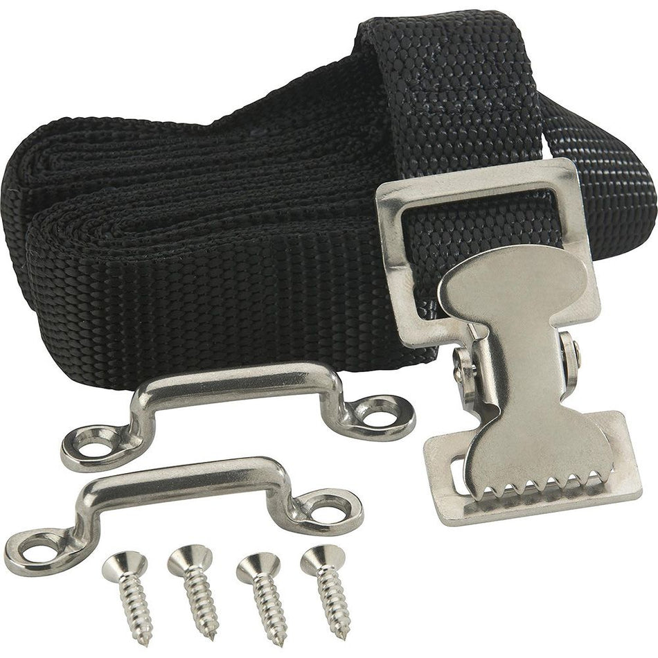 Attwood Marine Fuel Tank Strap Set, 1 in White Nylon Strap, Quick-Release Buckle, Footman Loops — Quality Boat Parts