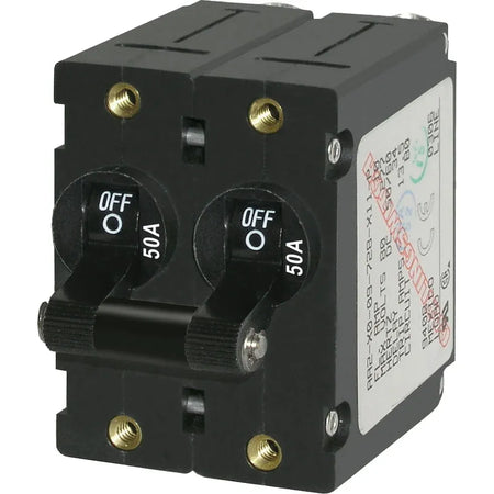 Blue Sea Systems A-Series Double Pole Toggle Circuit Breaker, 120/240V AC, 65V DC, Magnetic Hydraulic, Trip Free — Quality Boat Parts