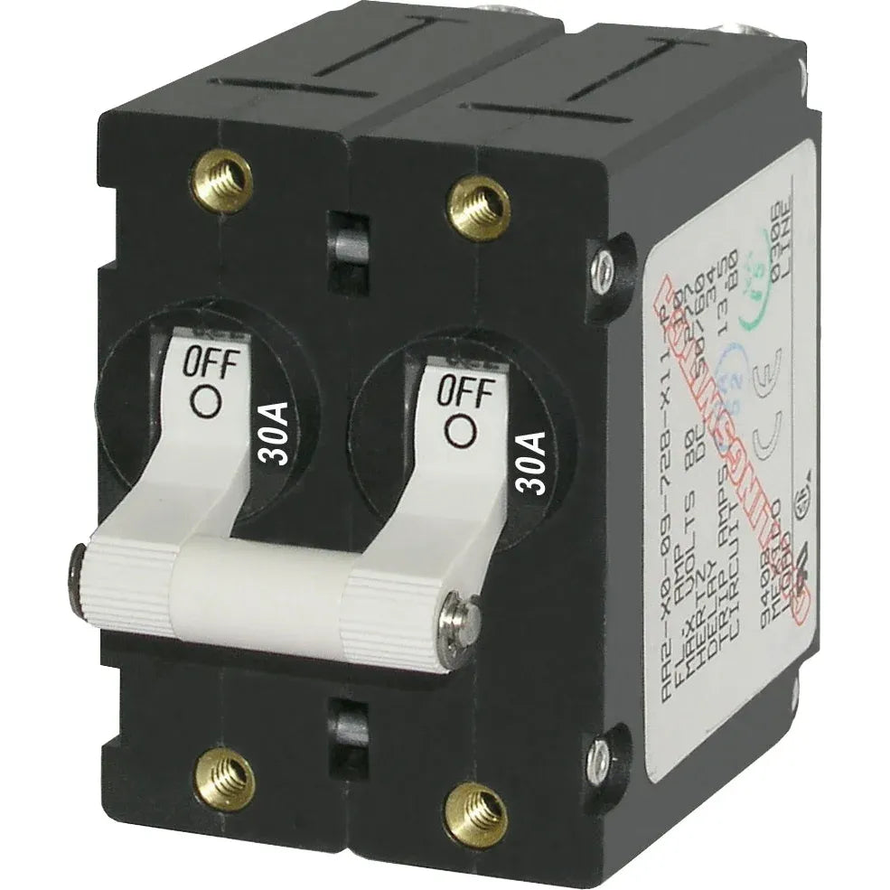 Blue Sea Systems A-Series Double Pole Toggle Circuit Breaker, 120/240V AC, 65V DC, Magnetic Hydraulic, Trip Free — Quality Boat Parts