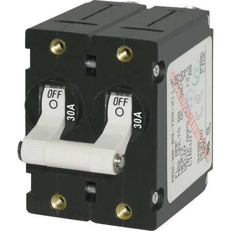 Blue Sea Systems A-Series Double Pole Toggle Circuit Breaker, 120/240V AC, 65V DC, Magnetic Hydraulic, Trip Free — Quality Boat Parts