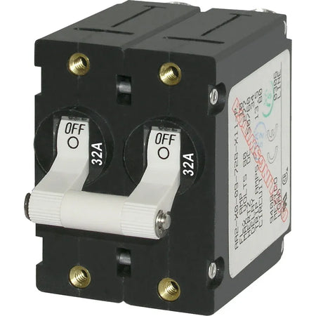 Blue Sea Systems A-Series Double Pole Toggle Circuit Breaker, 120/240V AC, 65V DC, Magnetic Hydraulic, Trip Free — Quality Boat Parts
