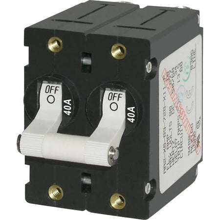 Blue Sea Systems A-Series Double Pole Toggle Circuit Breaker, 120/240V AC, 65V DC, Magnetic Hydraulic, Trip Free — Quality Boat Parts