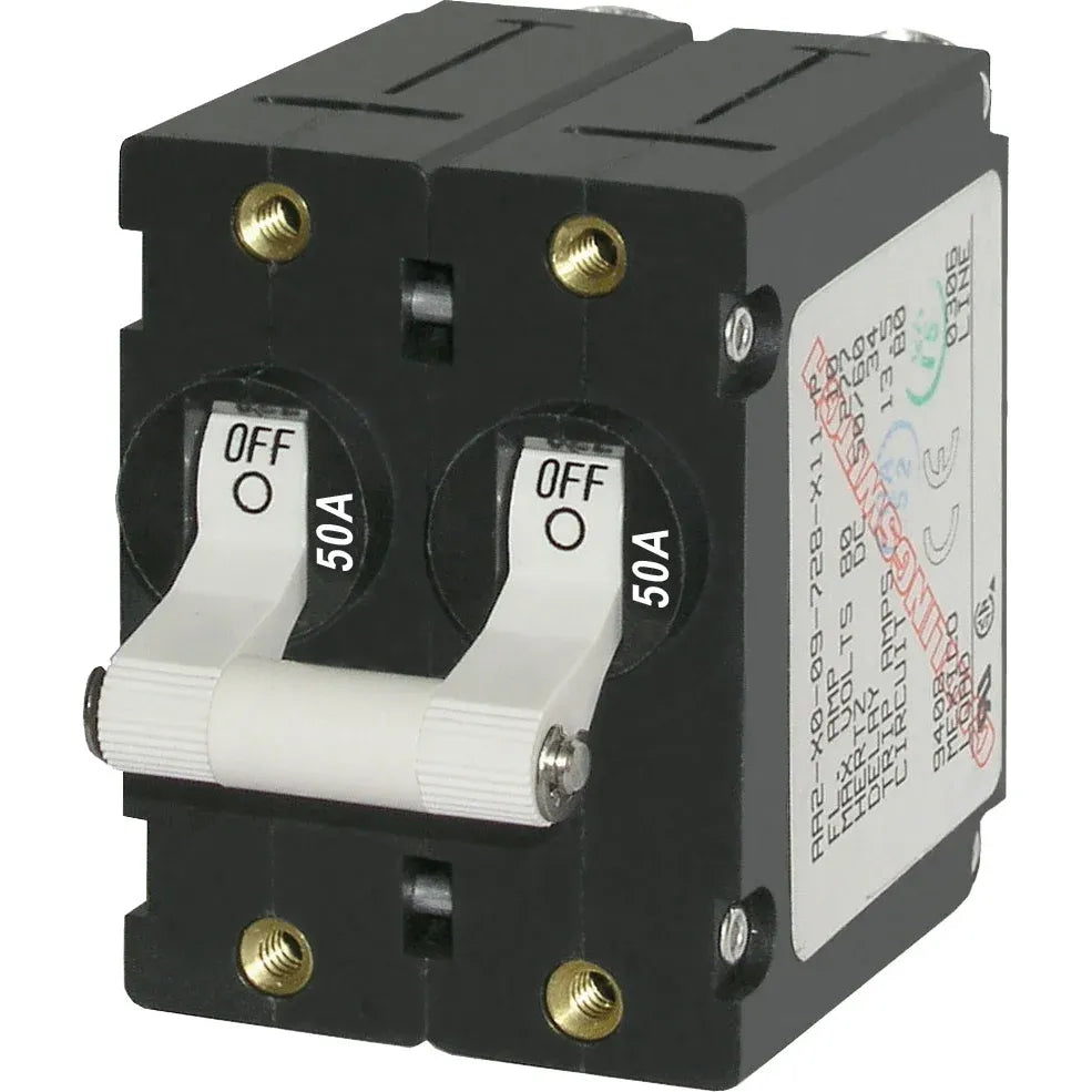 Blue Sea Systems A-Series Double Pole Toggle Circuit Breaker, 120/240V AC, 65V DC, Magnetic Hydraulic, Trip Free — Quality Boat Parts