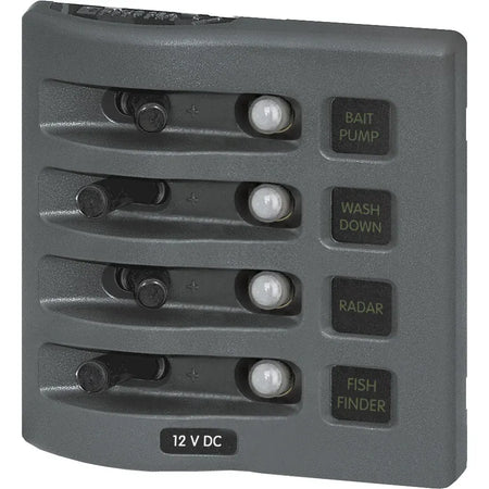 Blue Sea Systems WeatherDeck Waterproof Circuit Breaker Panel, 12/24V DC, IP67, 15A Per Circuit, Green LED Backlit Labels, Gray Panel — Quality Boat Parts