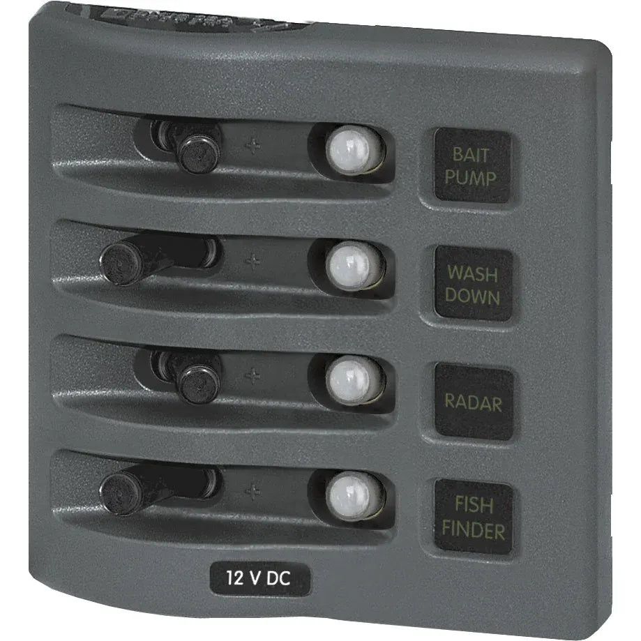 Blue Sea Systems WeatherDeck Waterproof Circuit Breaker Panel, 12/24V DC, IP67, 15A Per Circuit, Green LED Backlit Labels, Gray Panel — Quality Boat Parts