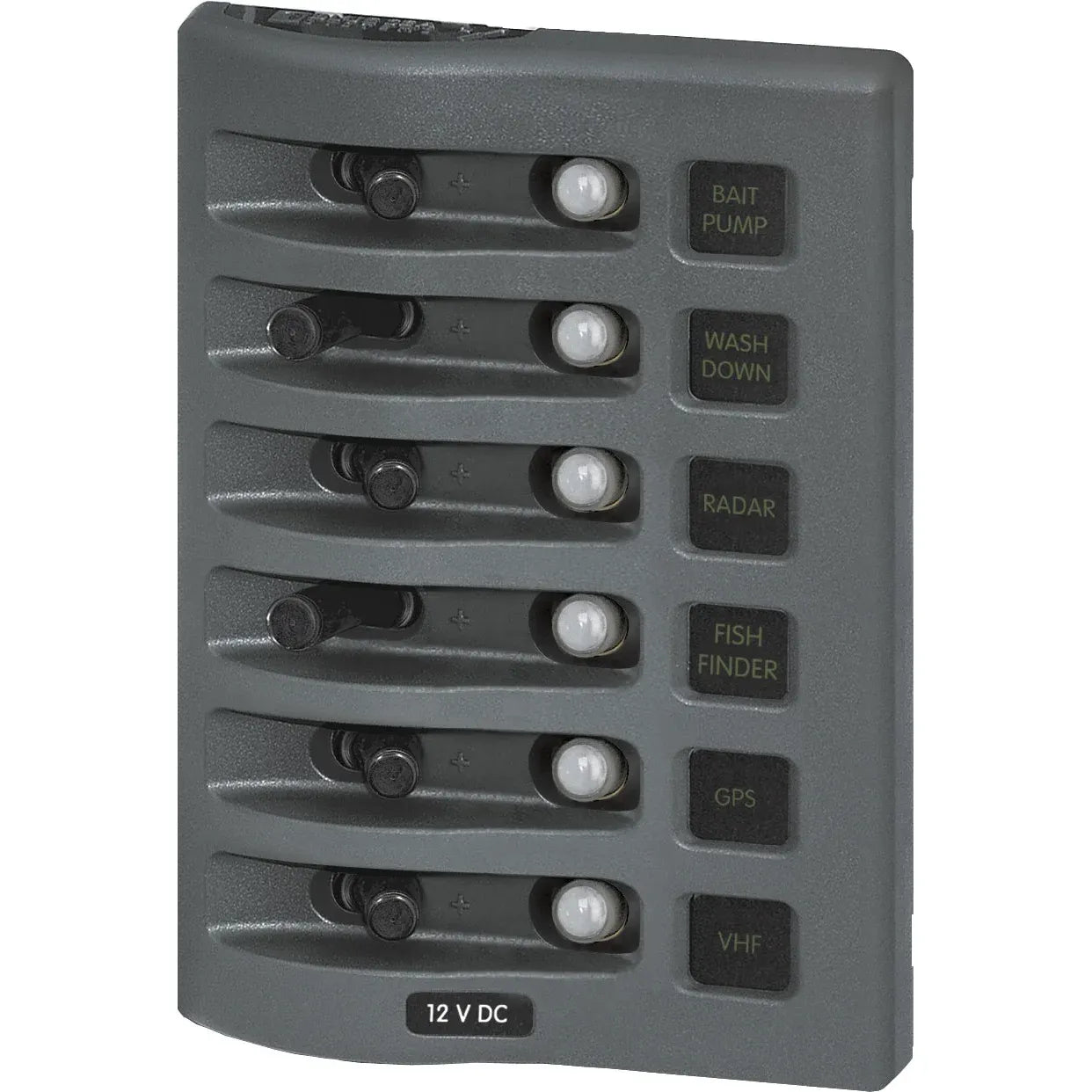 Blue Sea Systems WeatherDeck Waterproof Circuit Breaker Panel, 12/24V DC, IP67, 15A Per Circuit, Green LED Backlit Labels, Gray Panel — Quality Boat Parts