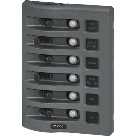 Blue Sea Systems WeatherDeck Waterproof Circuit Breaker Panel, 12/24V DC, IP67, 15A Per Circuit, Green LED Backlit Labels, Gray Panel — Quality Boat Parts