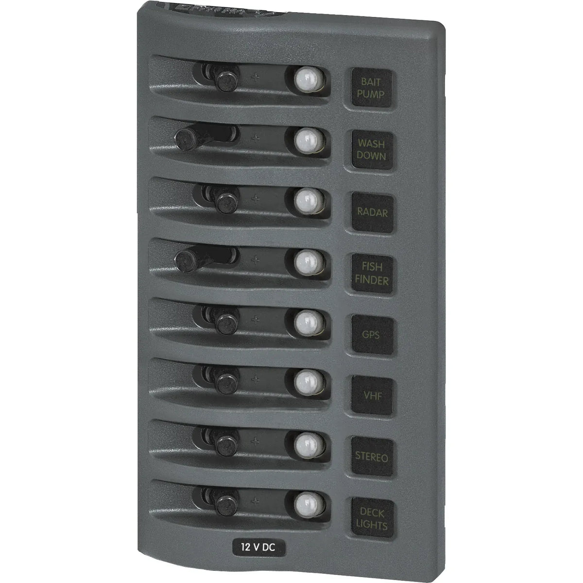 Blue Sea Systems WeatherDeck Waterproof Circuit Breaker Panel, 12/24V DC, IP67, 15A Per Circuit, Green LED Backlit Labels, Gray Panel — Quality Boat Parts