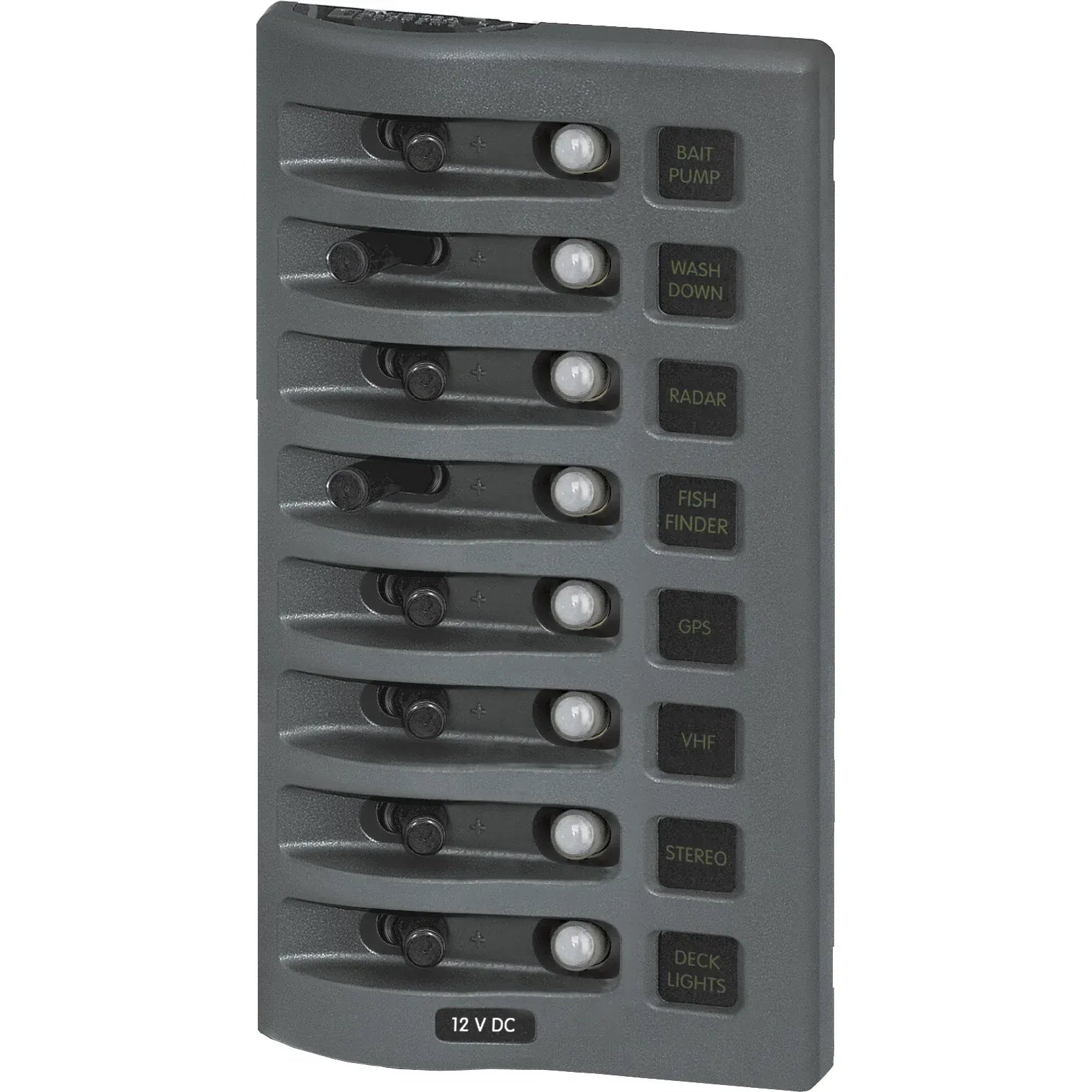 Blue Sea Systems WeatherDeck Waterproof Circuit Breaker Panel, 12/24V DC, IP67, 15A Per Circuit, Green LED Backlit Labels, Gray Panel — Quality Boat Parts