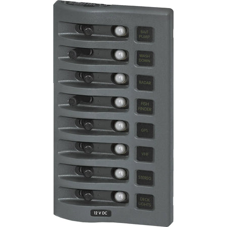 Blue Sea Systems WeatherDeck Waterproof Circuit Breaker Panel, 12/24V DC, IP67, 15A Per Circuit, Green LED Backlit Labels, Gray Panel — Quality Boat Parts