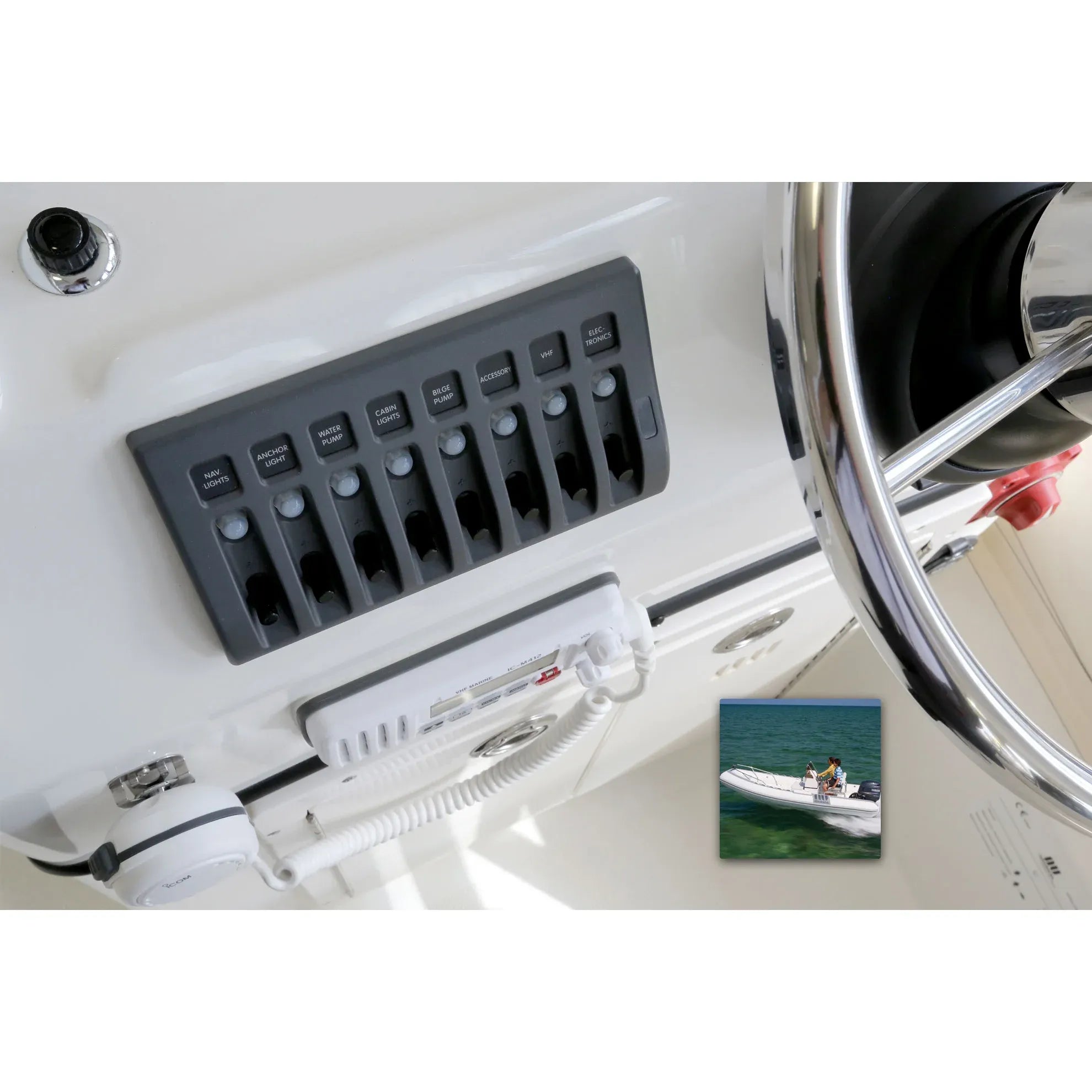 Blue Sea Systems WeatherDeck Waterproof Circuit Breaker Panel, 12/24V DC, IP67, 15A Per Circuit, Green LED Backlit Labels, Gray Panel — Quality Boat Parts