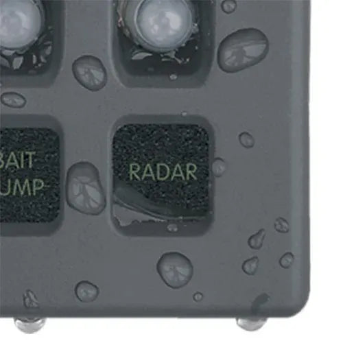 Blue Sea Systems WeatherDeck Waterproof Circuit Breaker Panel, 12/24V DC, IP67, 15A Per Circuit, Green LED Backlit Labels, Gray Panel — Quality Boat Parts